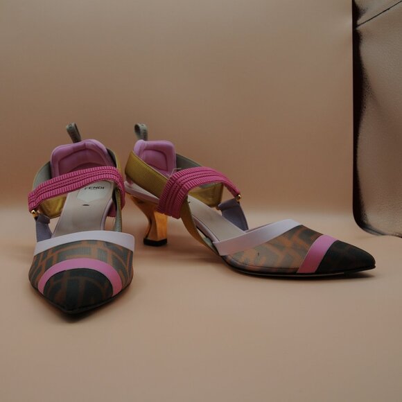 Fendi Colibri 55mm Mesh Slingback Pumps Pink Gold Monogram - Picture 1 of 7